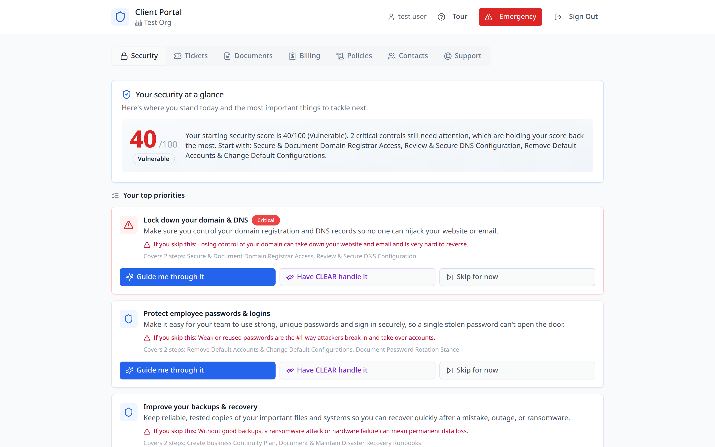 Client portal security tab showing your security score at a glance and top priorities to fix