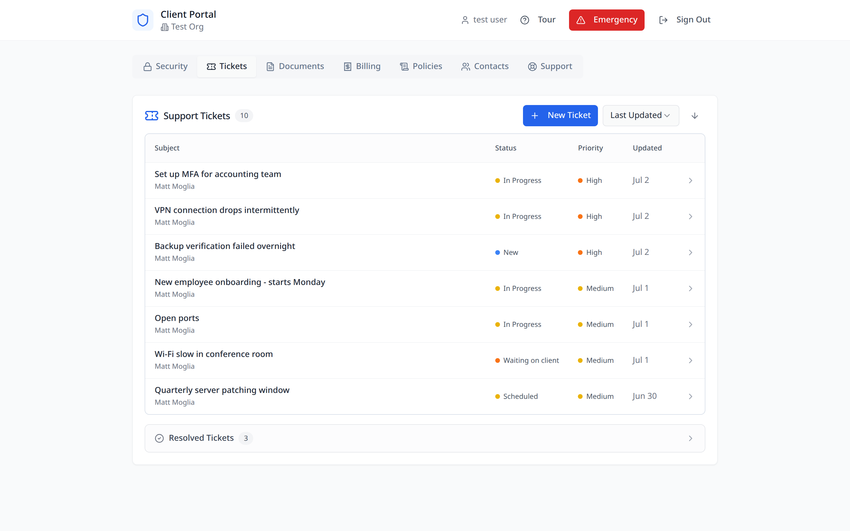Client portal support tickets list with statuses and priorities
